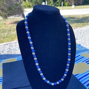 Lapis Lazuli Beaded Necklace Blue Gemstone Strand Silver Tone Spacer 24 Inch